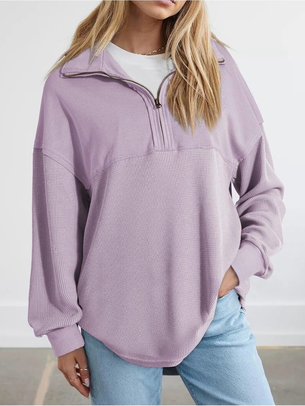 Oversized cotton blend light purple waffle knit quarter zip sweatshirt M